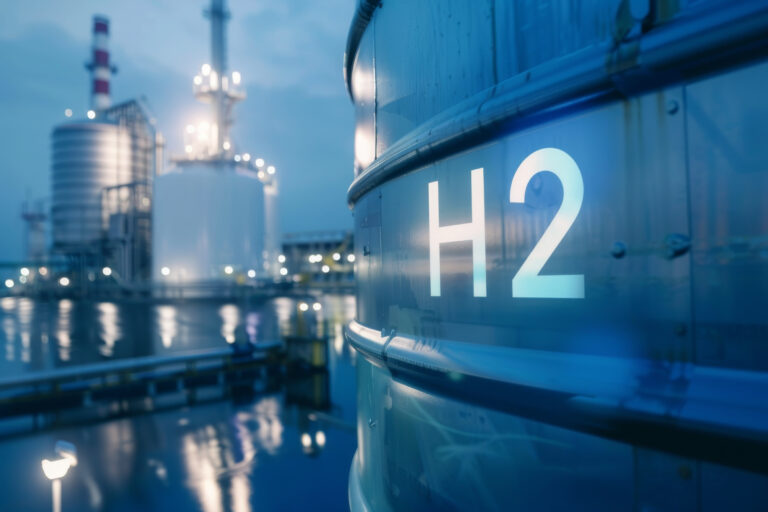 Close-up view of a hydrogen storage tank with industrial plant lights glowing in the background at dusk