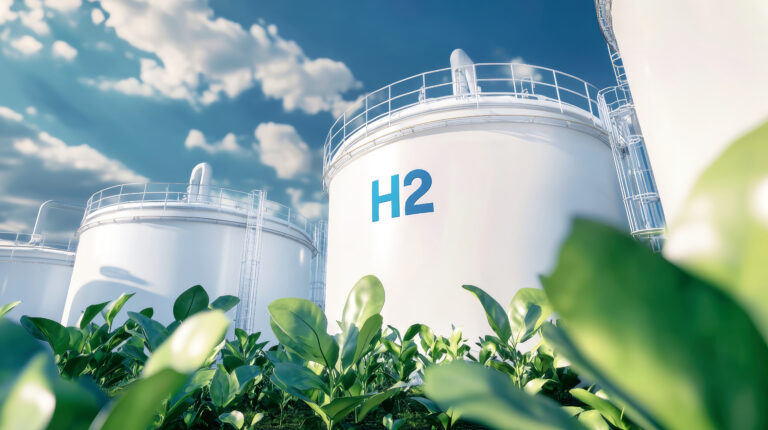 A cutting-edge hydrogen production factory showcases gleaming cylindrical tanks against a vibrant sky, complemented by lush green foliage in the foreground